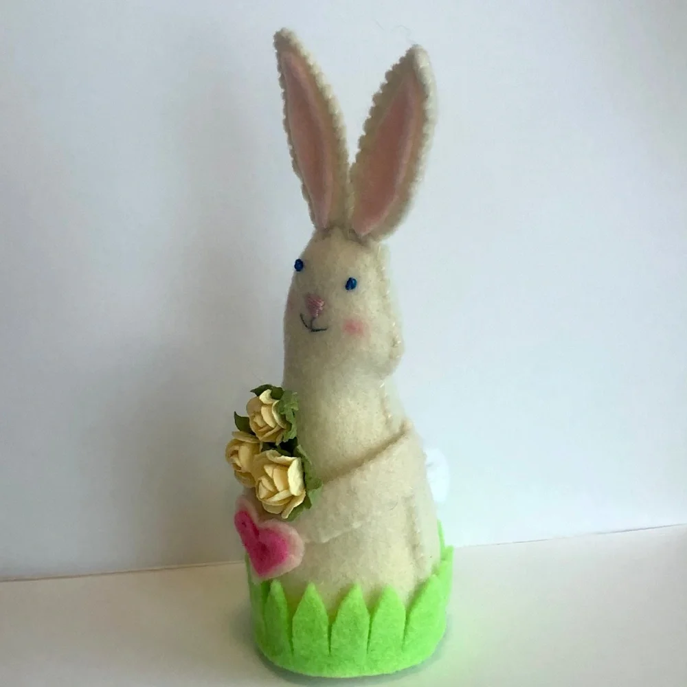 Bunny art doll holding yellow roses hand-sewn handmade heart